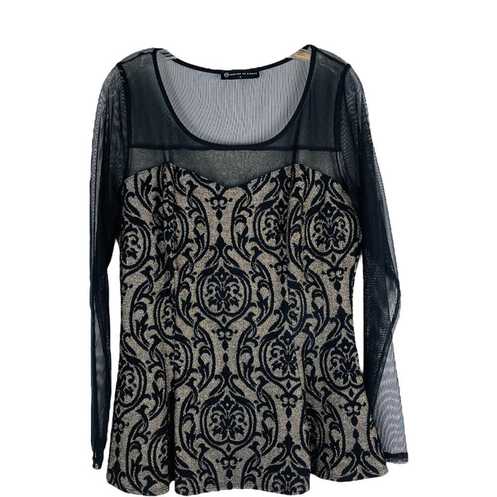 Fashion to Figure black gold mesh floral evening special Occasion sexy top 1X